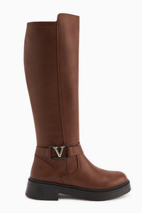 Ginan Tan Buckle Detailed Short Heeled Zipper Boots