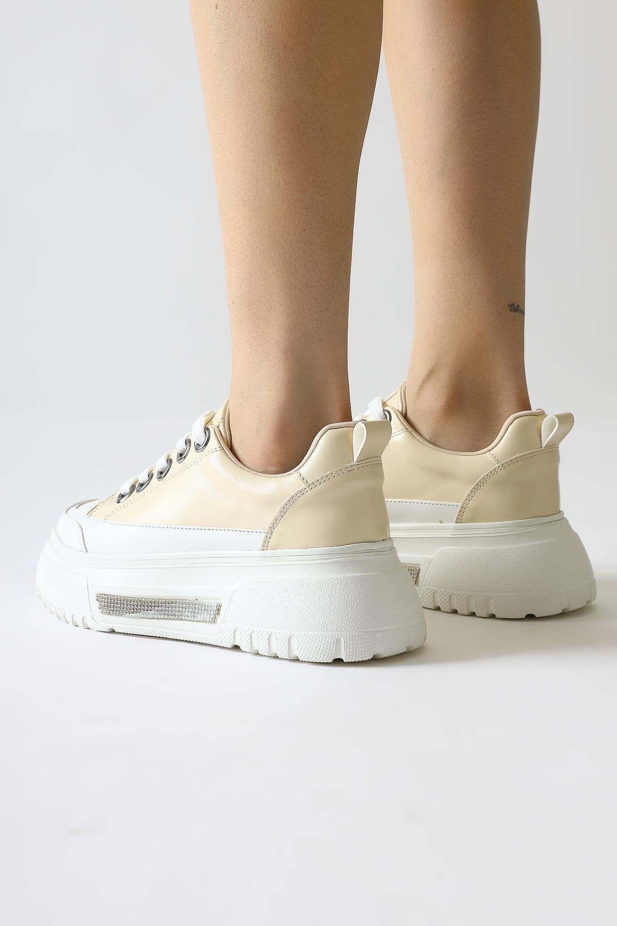 Rosella Beige Thick Sole Stone Detailed Lace-up Sneakers