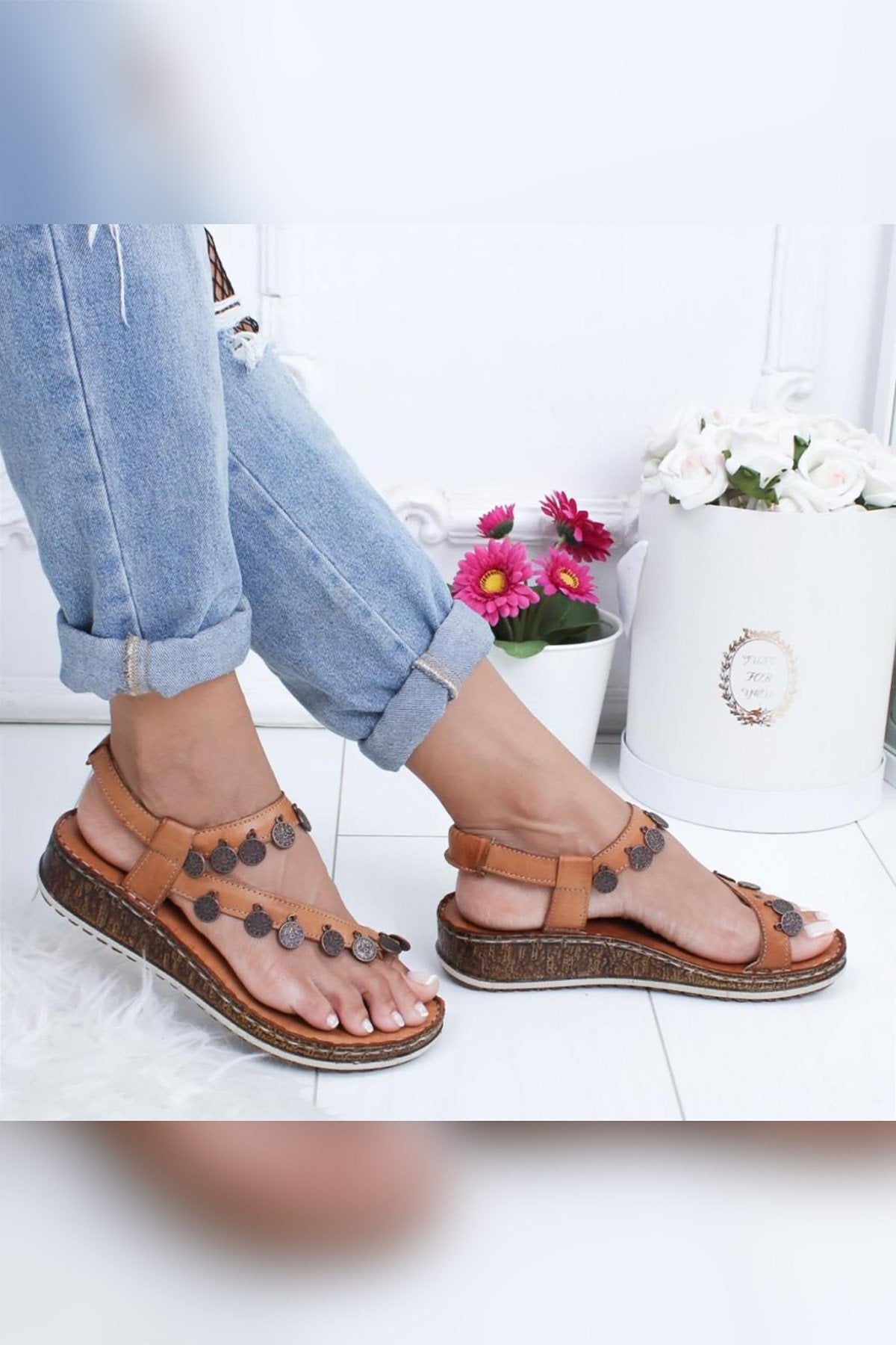 Lilah Genuine Leather Sandals in Taba with Antique Detail