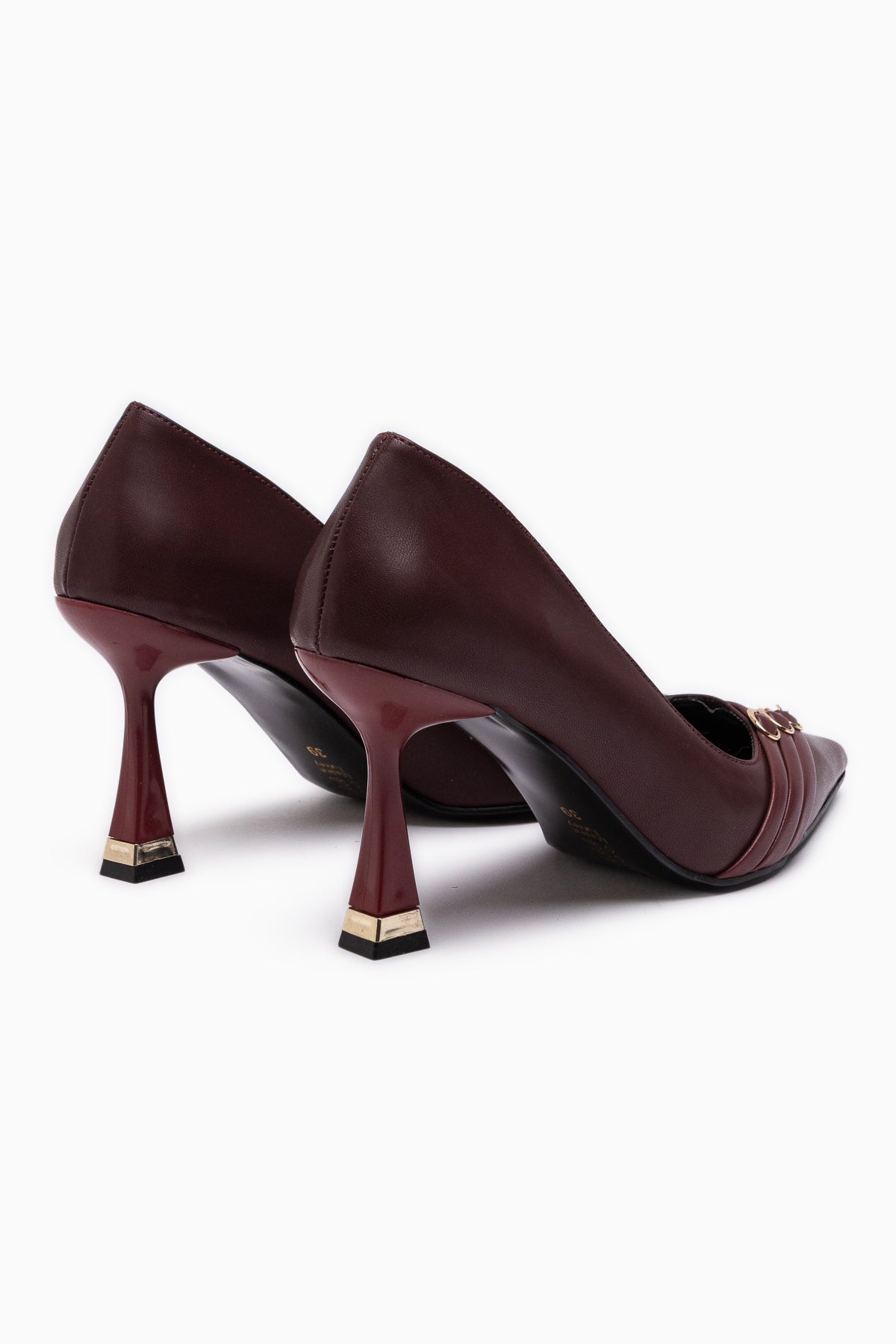 Lavina Burgundy Strap Gold Heeled Pointed Toe Stiletto