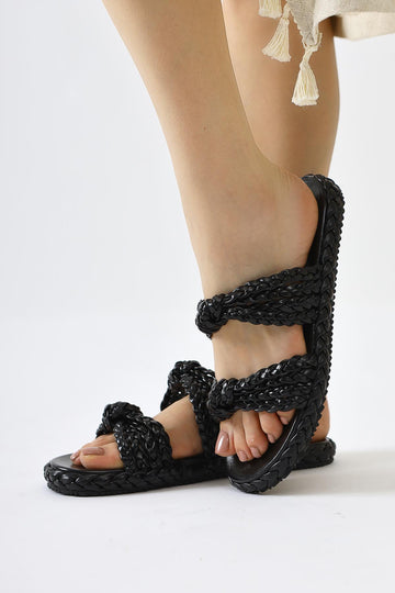 Nessa Black Patent Leather Woven Strap Slippers