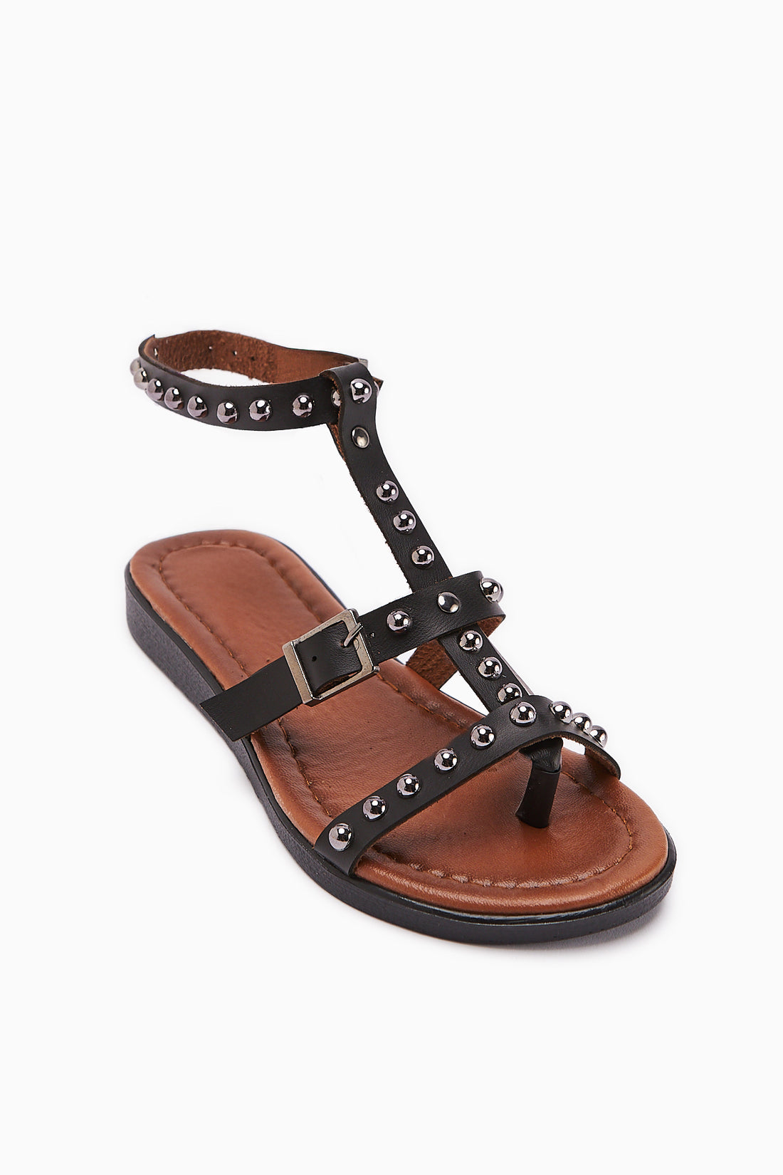 Genuine Leather Hivin Black Metal Bead Detailed Women’s Sandal