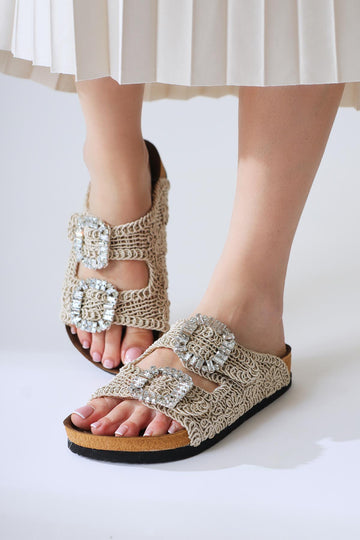 Ellina Cream Double-Strap Slide with Jewel Buckle Detail