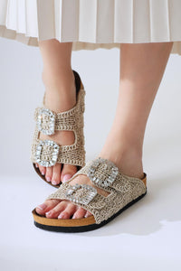 Ellina Cream Double-Strap Slide with Jewel Buckle Detail