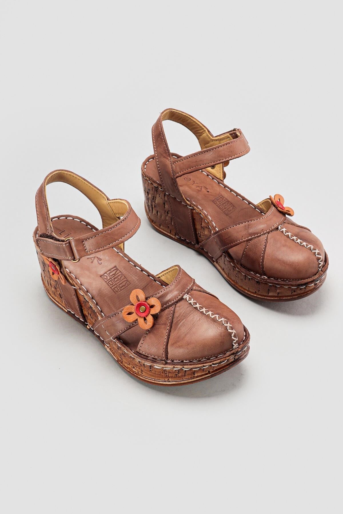 Katlyn Earth Genuine Leather Sandals with Floral Detail and Chunky Heels
