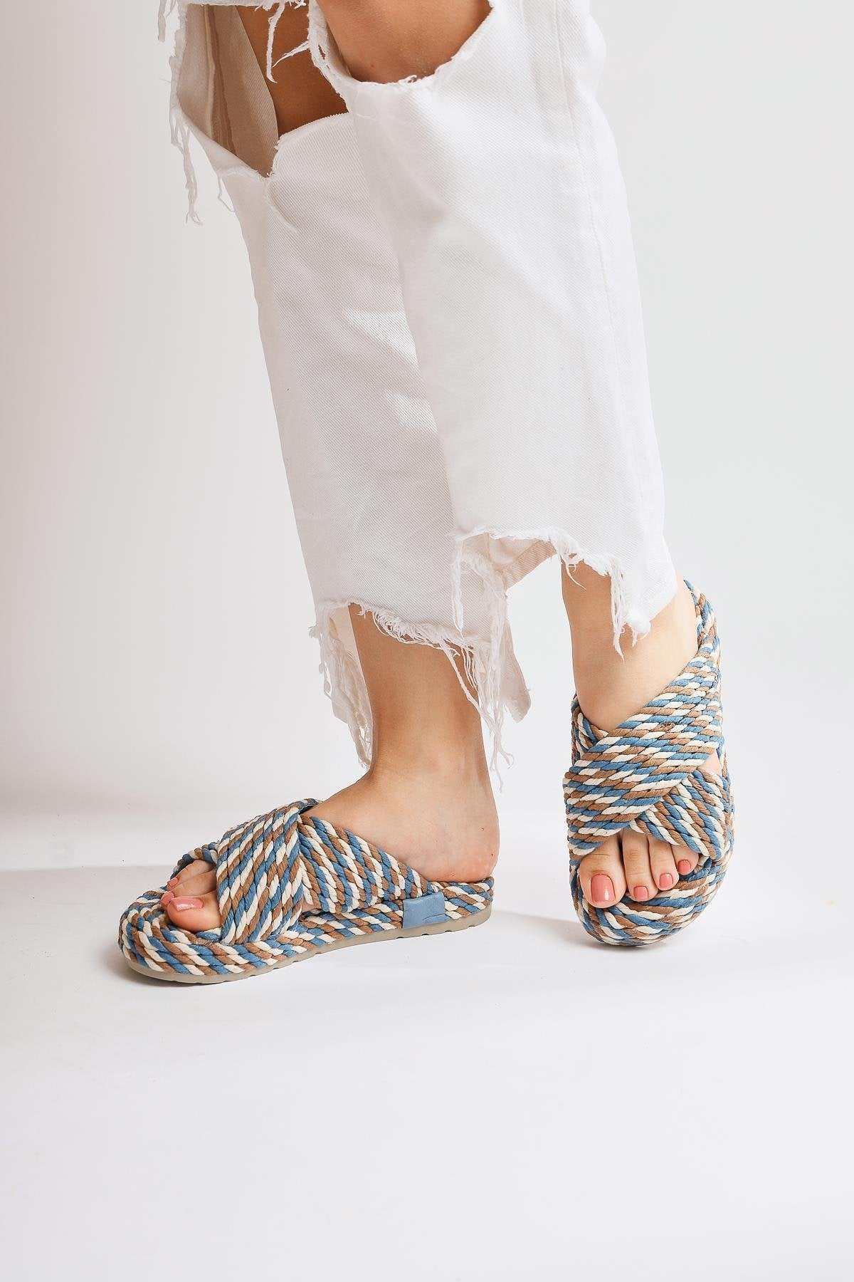 Leiya Blue Cross-Strap Rope Slipper