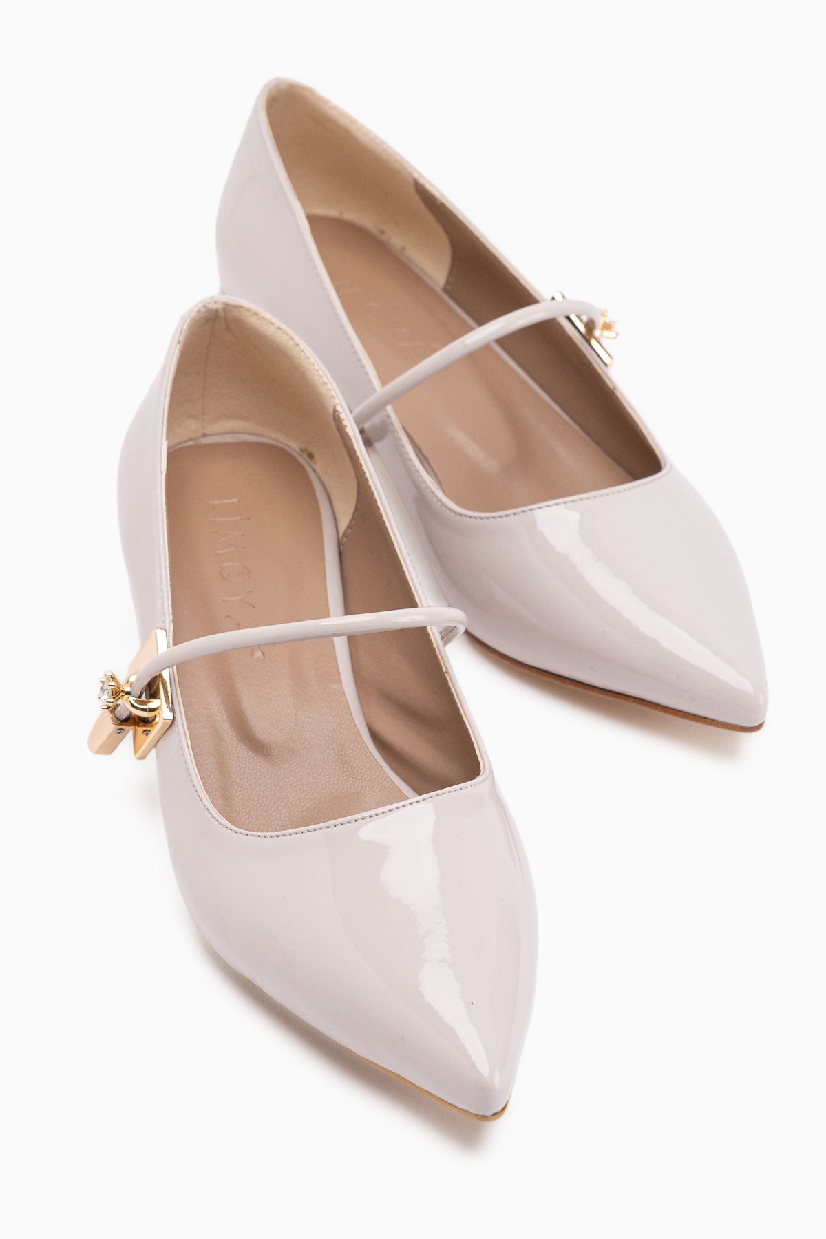 Micha Beige Patent Pointed Toe Single Strap Buckle Detailed Women’s Daily Shoes
