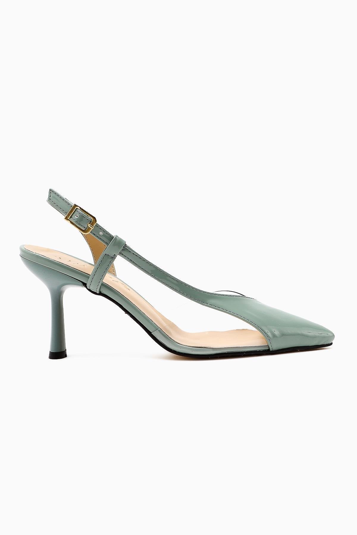 Aliah Mint Patent Leather Pointed Toe Pumps with Transparent Detail