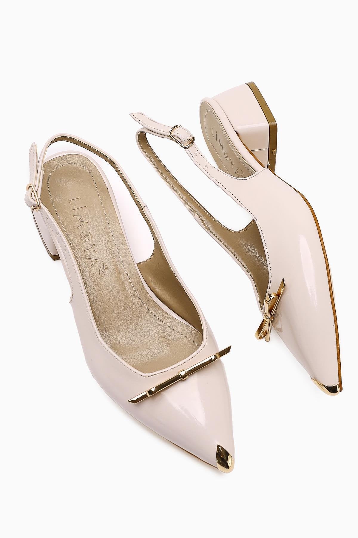 Noella Beige Patent Pointed Toe Metallic Bow Short Heeled Women’s Shoes