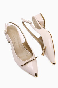 Noella Beige Patent Pointed Toe Metallic Bow Short Heeled Women’s Shoes