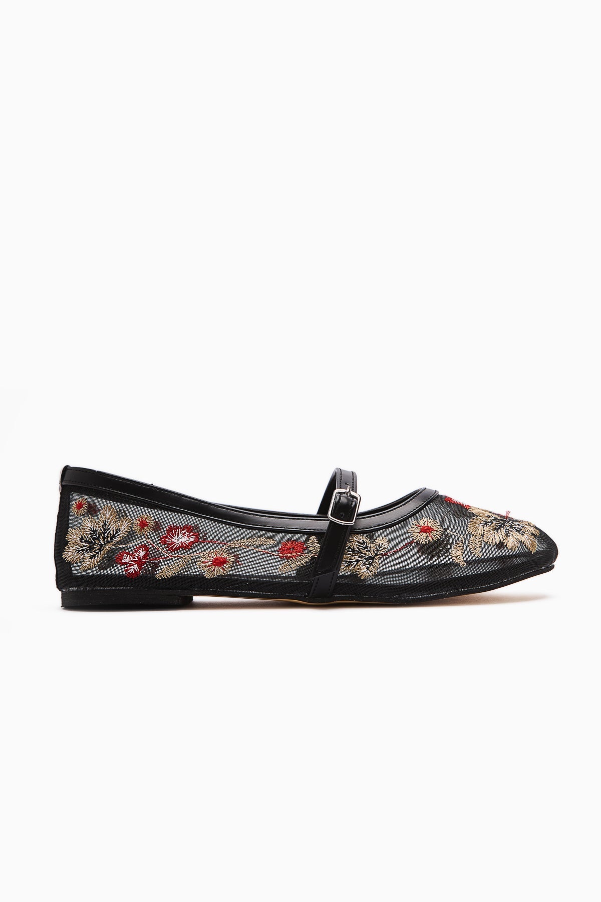 Jolin Black Ballet Flat with Embroidery and Buckle Detail