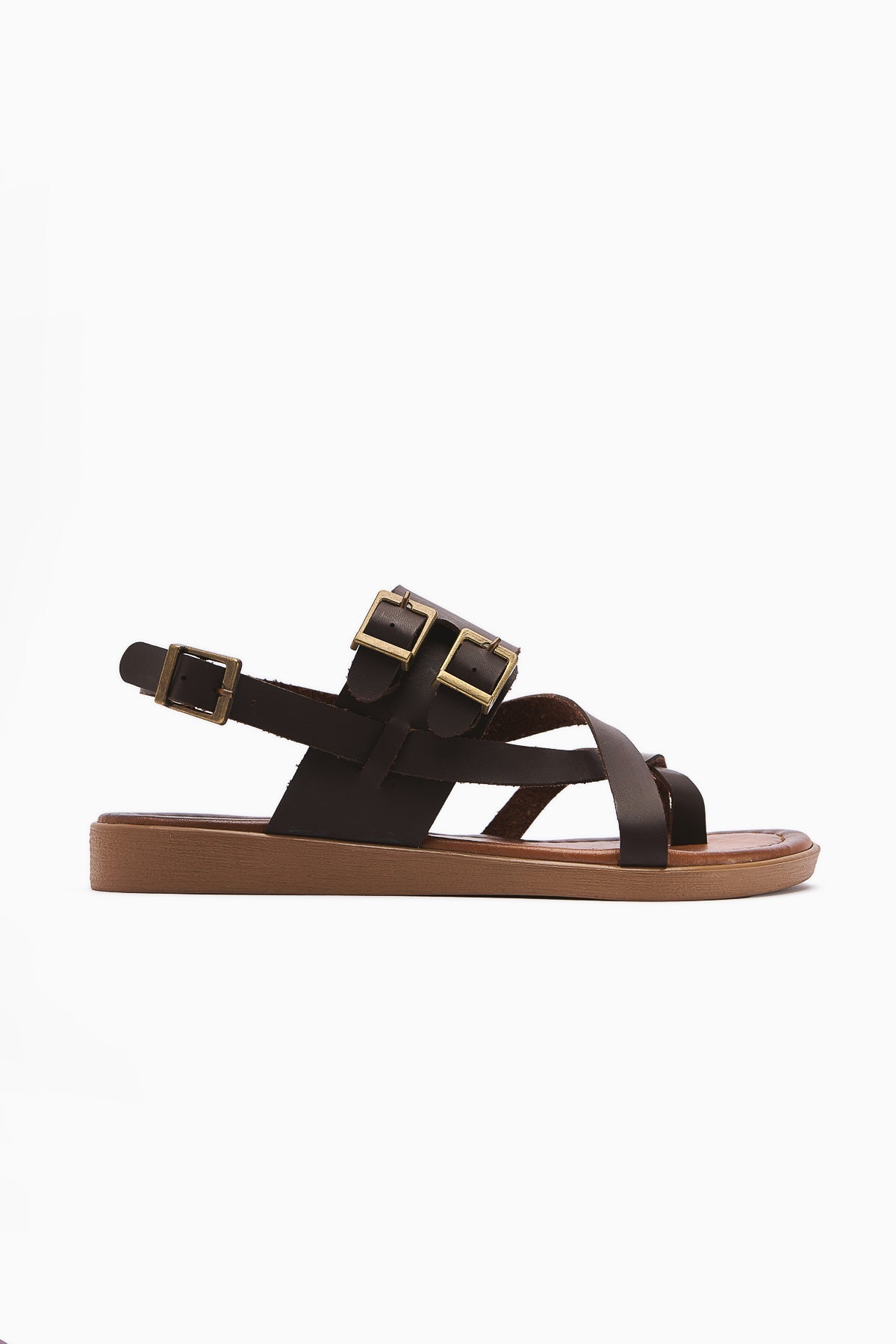 Doraseos Genuine Leather Buckle Detail Coffee Gladiator Sandals