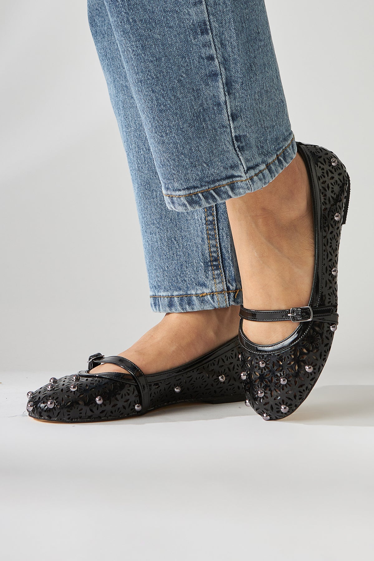 Jara Black Patent Ethnic Pattern Perforated Women’s Ballet Flats