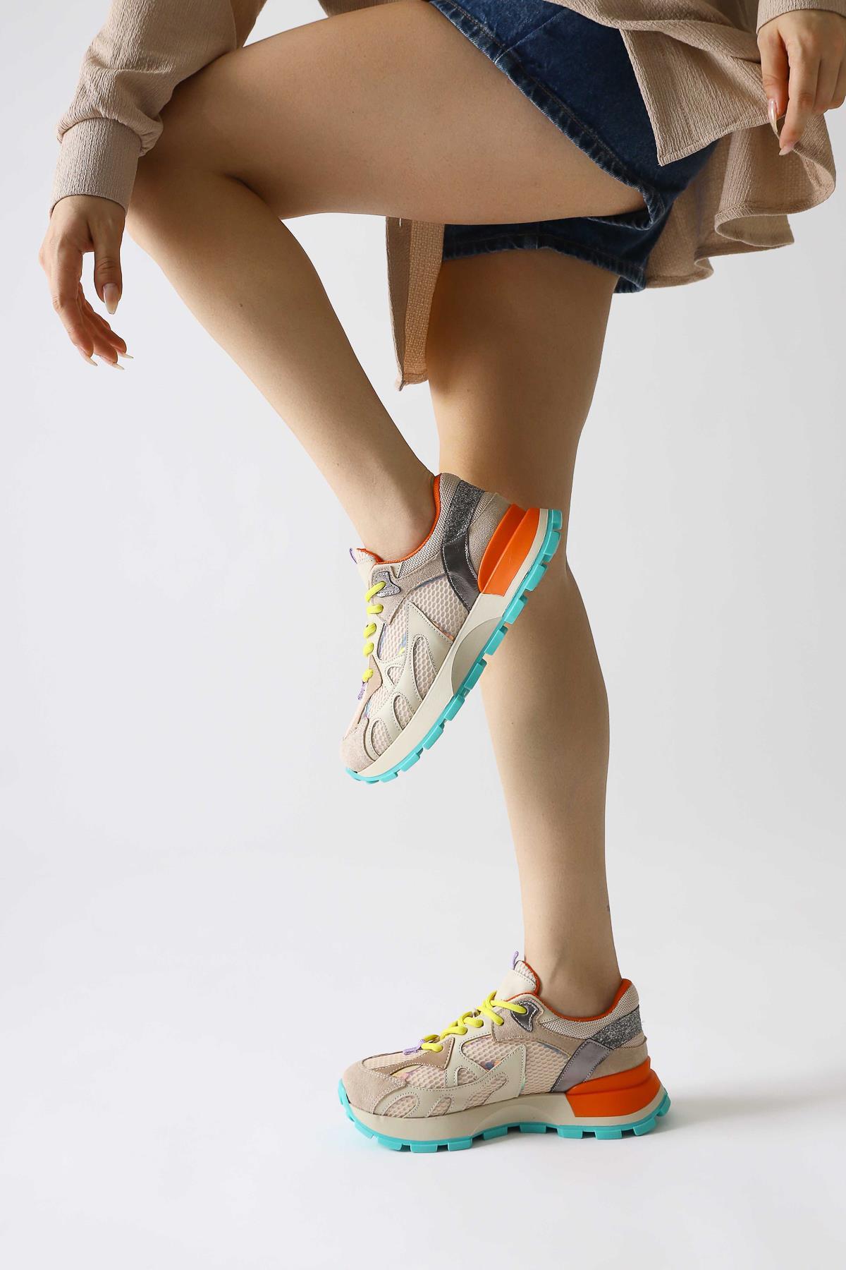 Moe Beige Lace-Up Sneakers with Mesh Detail