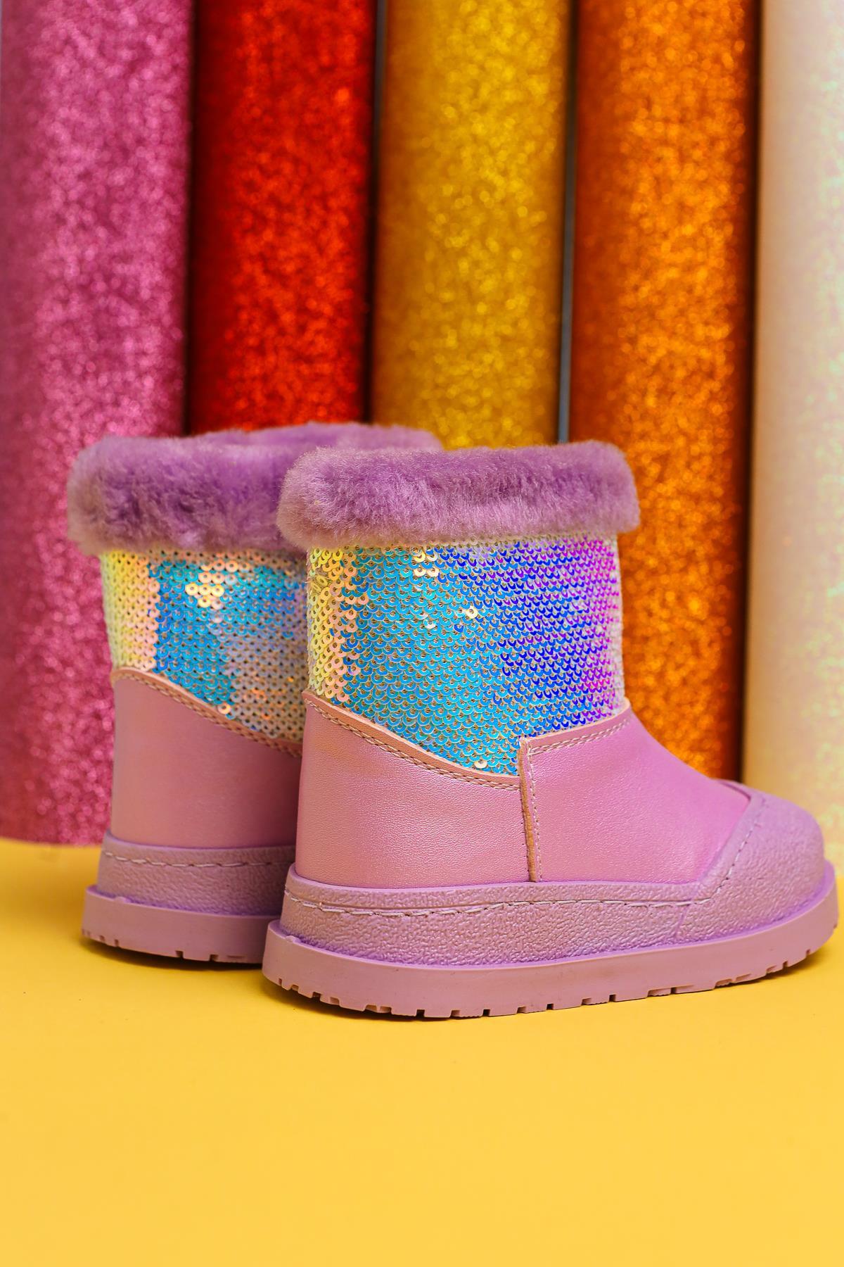 Eleen Lilac Sequined Fur-Lined Baby Boots
