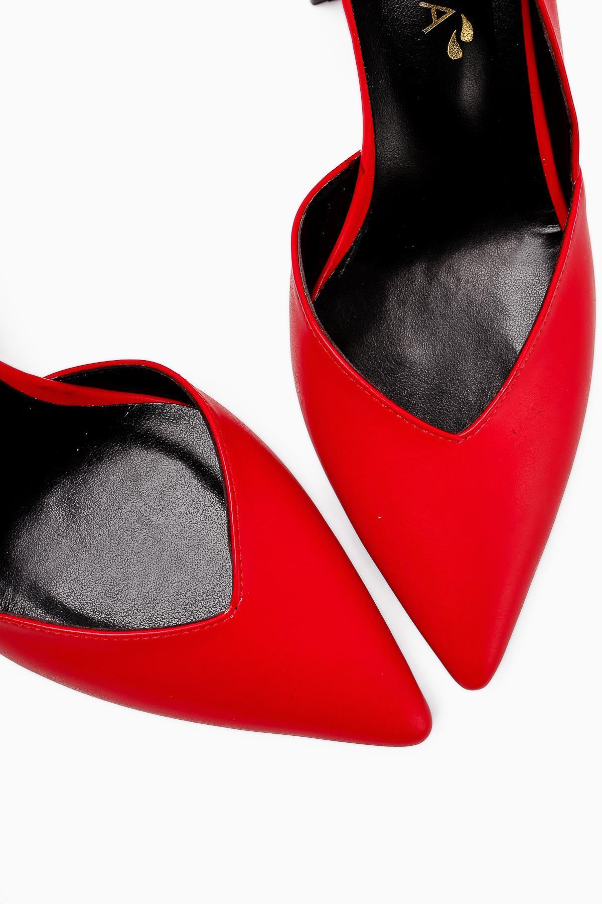 Albena Genuine Leather Red Pointed Toe Detailed Women’s Heeled Shoes