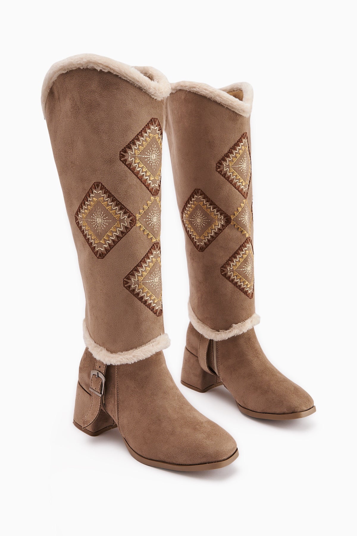 Hilka Beige Suede Removable Cuff Ethnic Patterned Women’s Boots