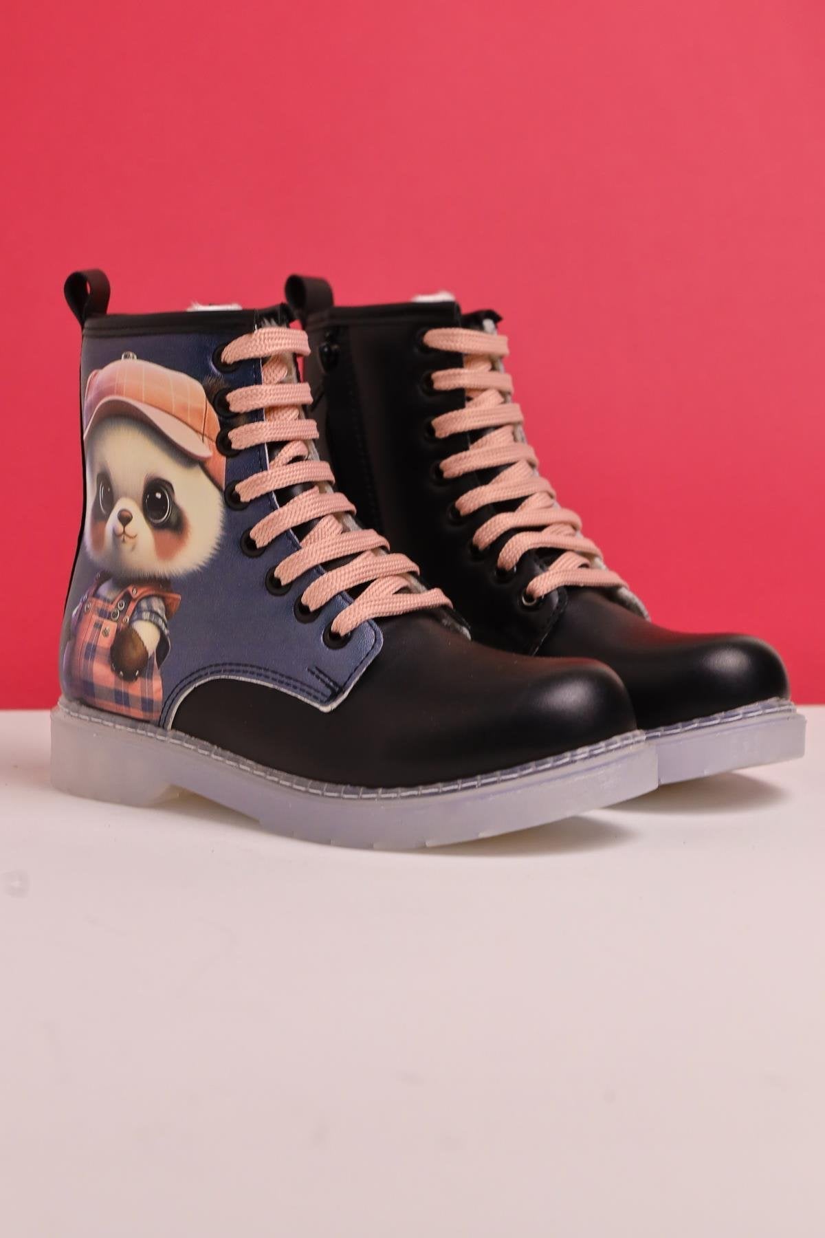 Dordie Black Striped Character Print Lace-Up Kids' Boots