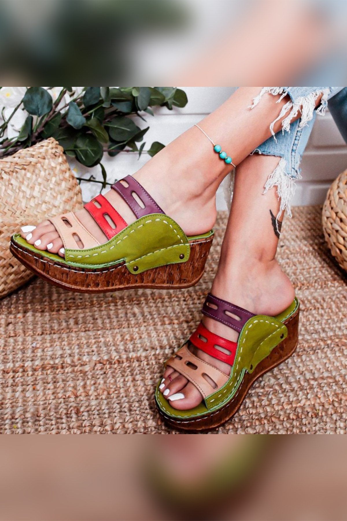 Etta – Genuine Leather Green Purple Red Nude Laser-Cut Slide (Women)