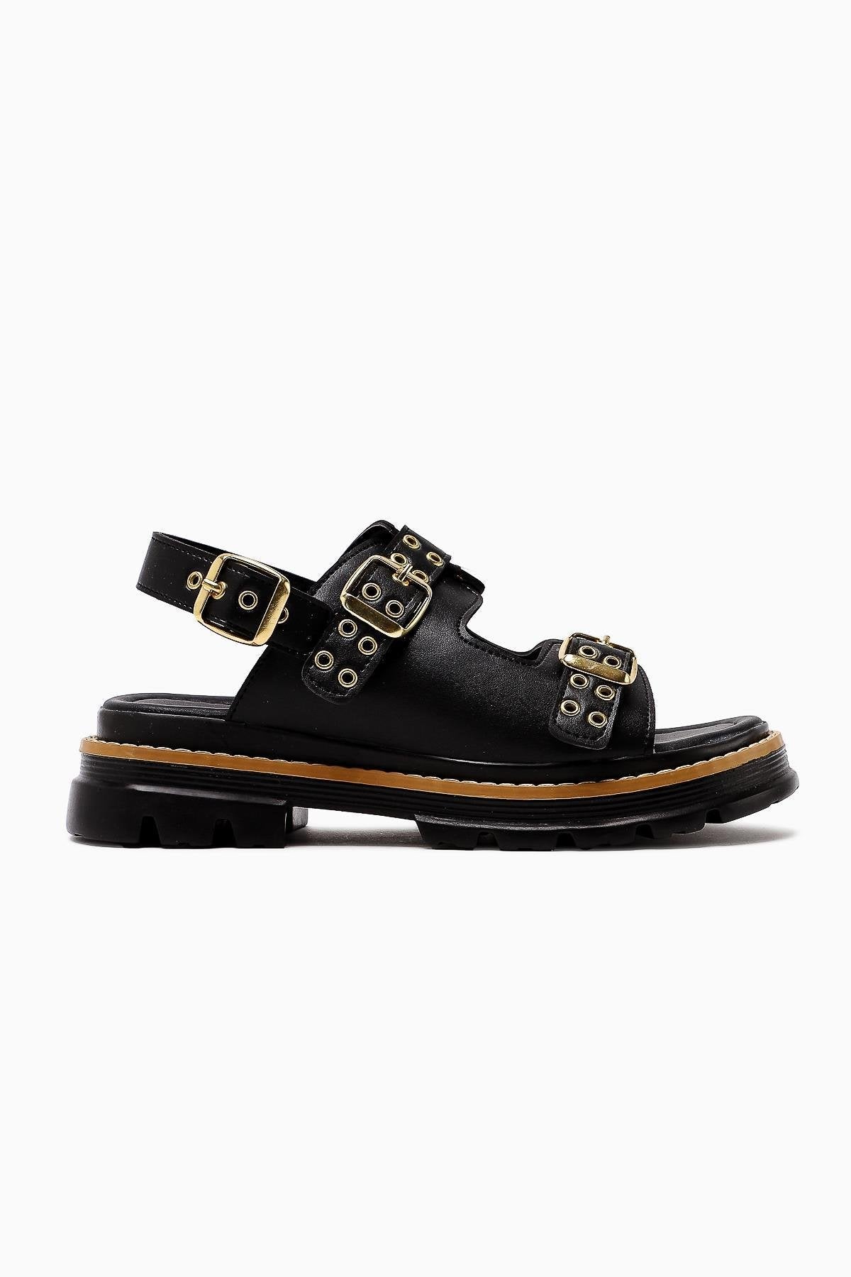 Julija Black Double Strap Women's Sandal with Stud Details and Thick Sole