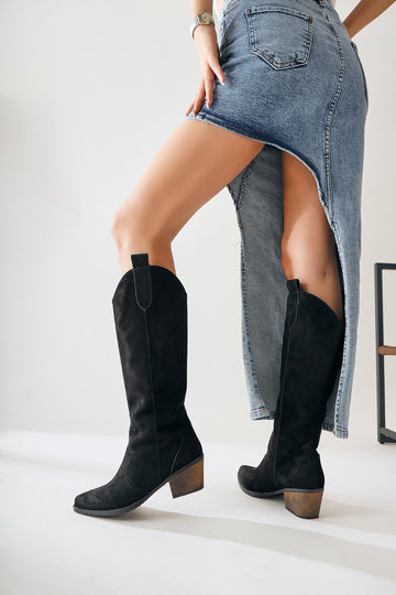 Lhena – Black Suede Western Pull-On Knee-High Boot (Women)