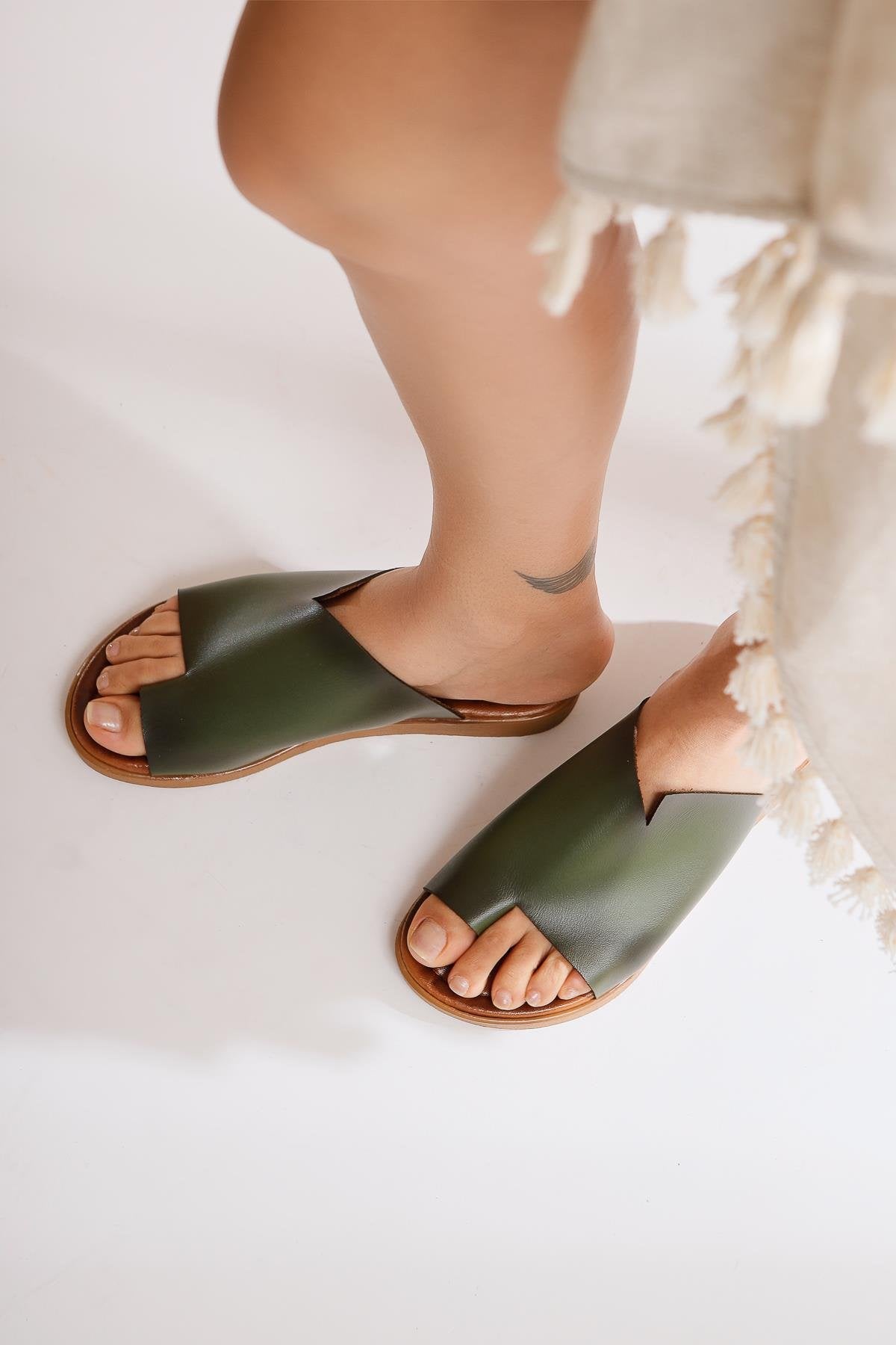 Nita Olive Asymmetric Cut Genuine Leather Slipper
