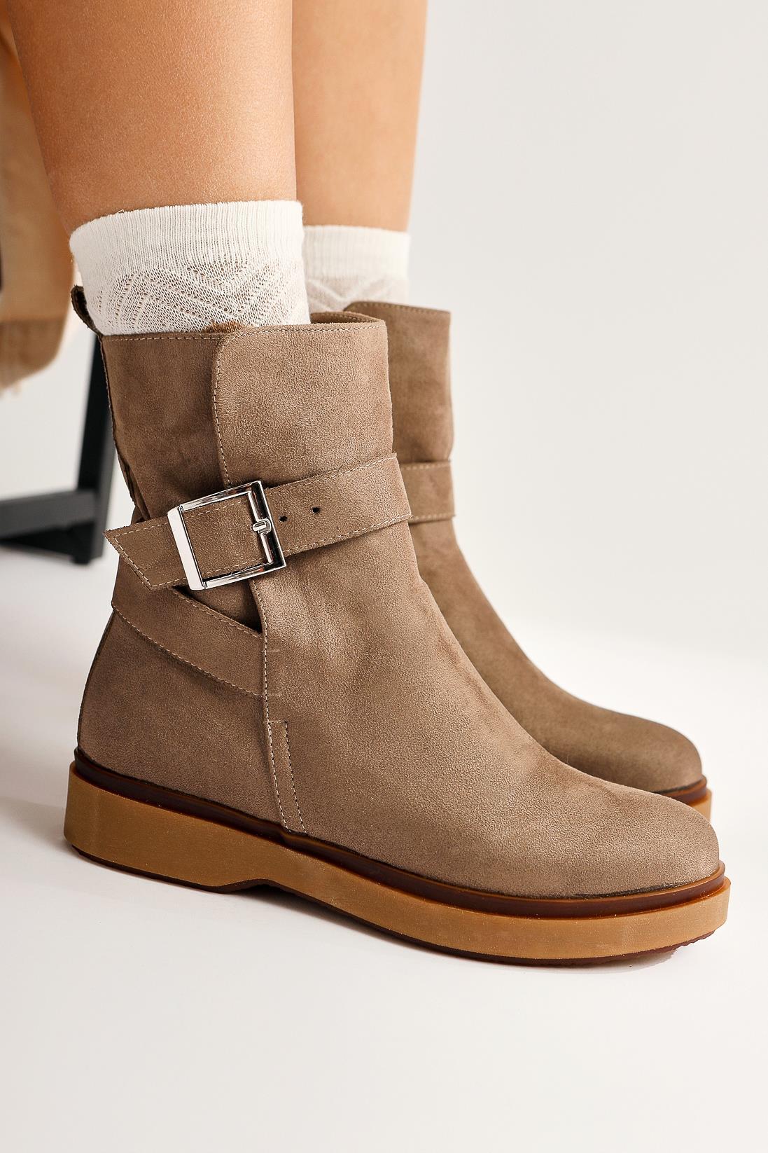 Behnoush Mink Suede Boot with Oval Toe and Buckle Detail