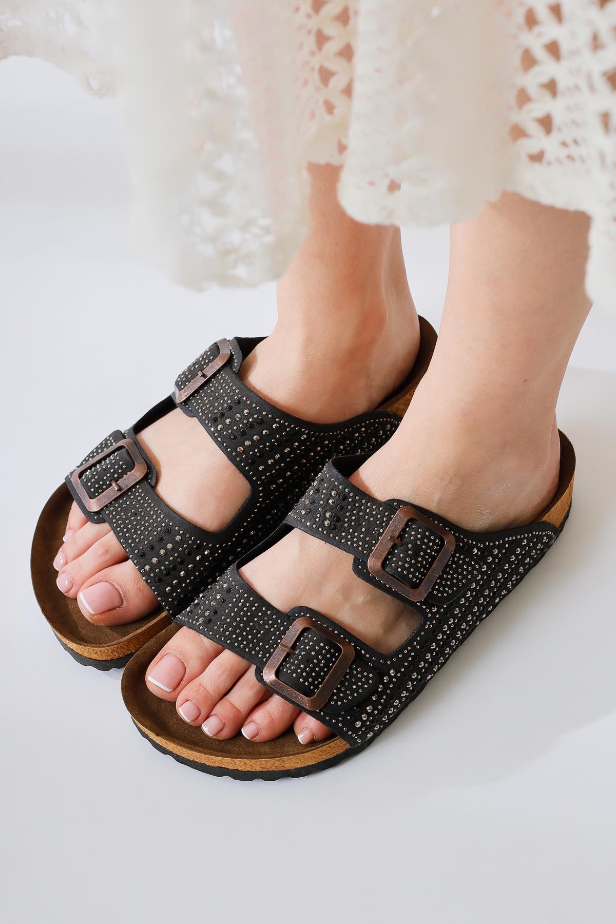 Aire Black Double Strap Gemstone Detail Slipper