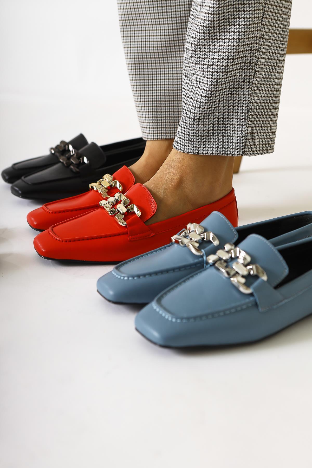 Asmin Genuine Leather – Red Buckle-Detail Round-Toe Casual Shoe (Women)