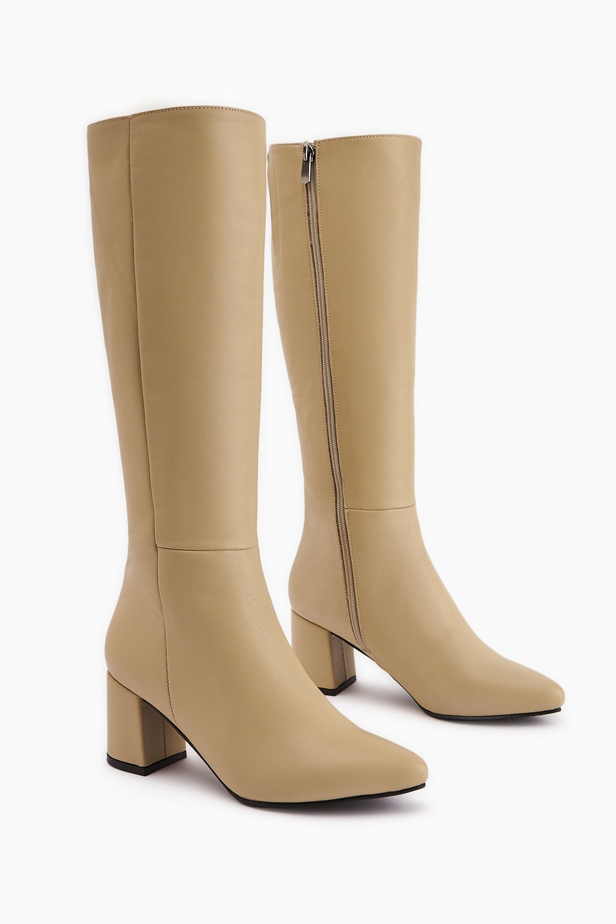 Velma – Genuine Leather Beige Heeled Knee-High Boot (Women)