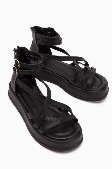 Sara Black Women's Sandal with Cross Straps, Thick Sole, Ankle Buckle