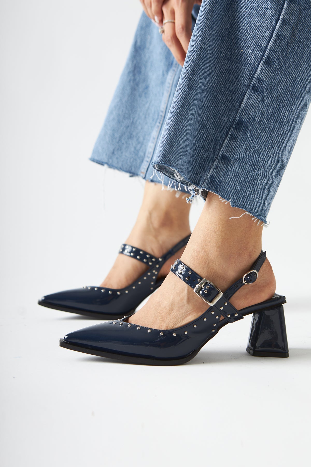 Nuria Navy Patent Leather Pointed Toe Strap Sandals for Women