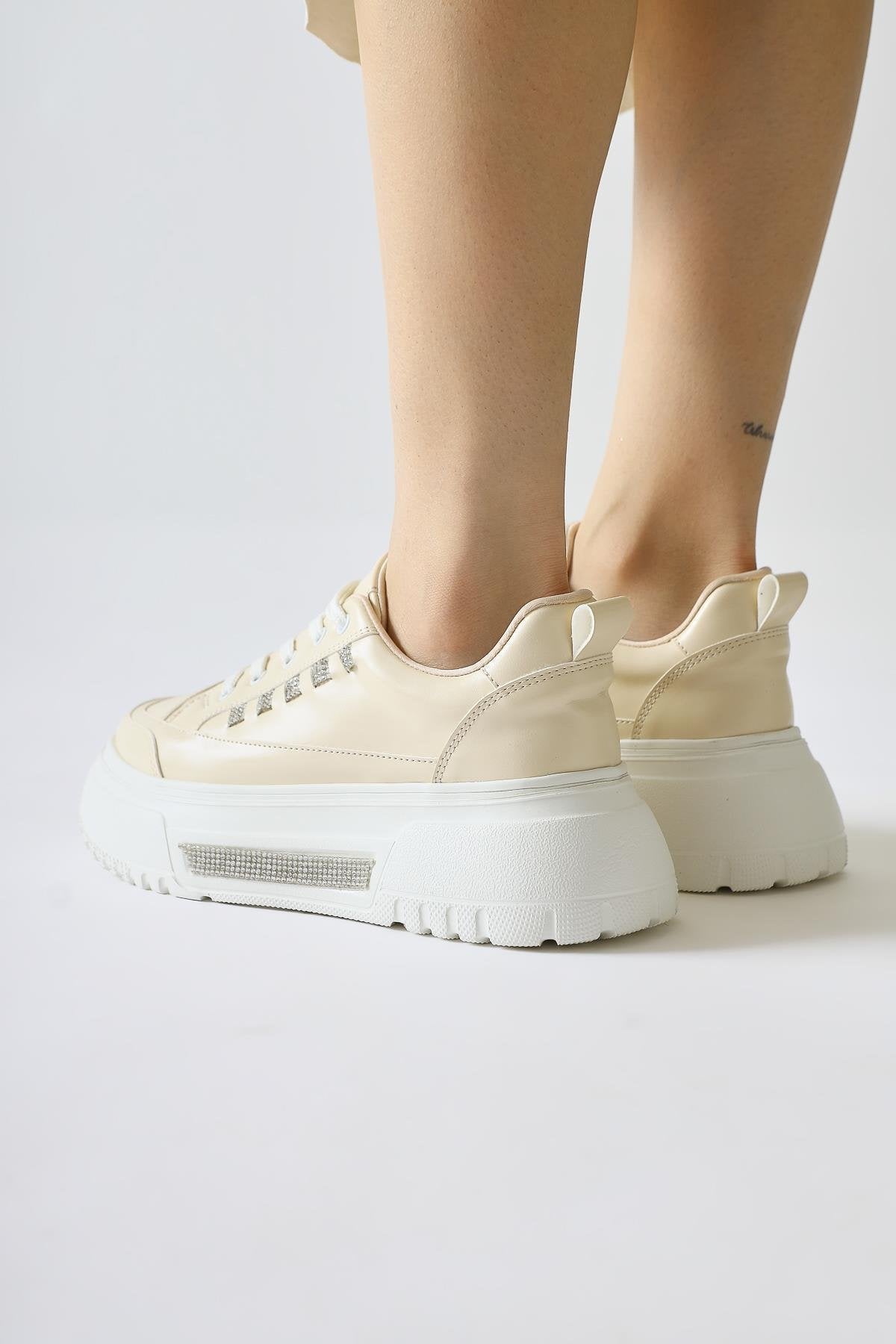 Tram Beige Thick Sole Stone Detailed Lace-up Sneakers