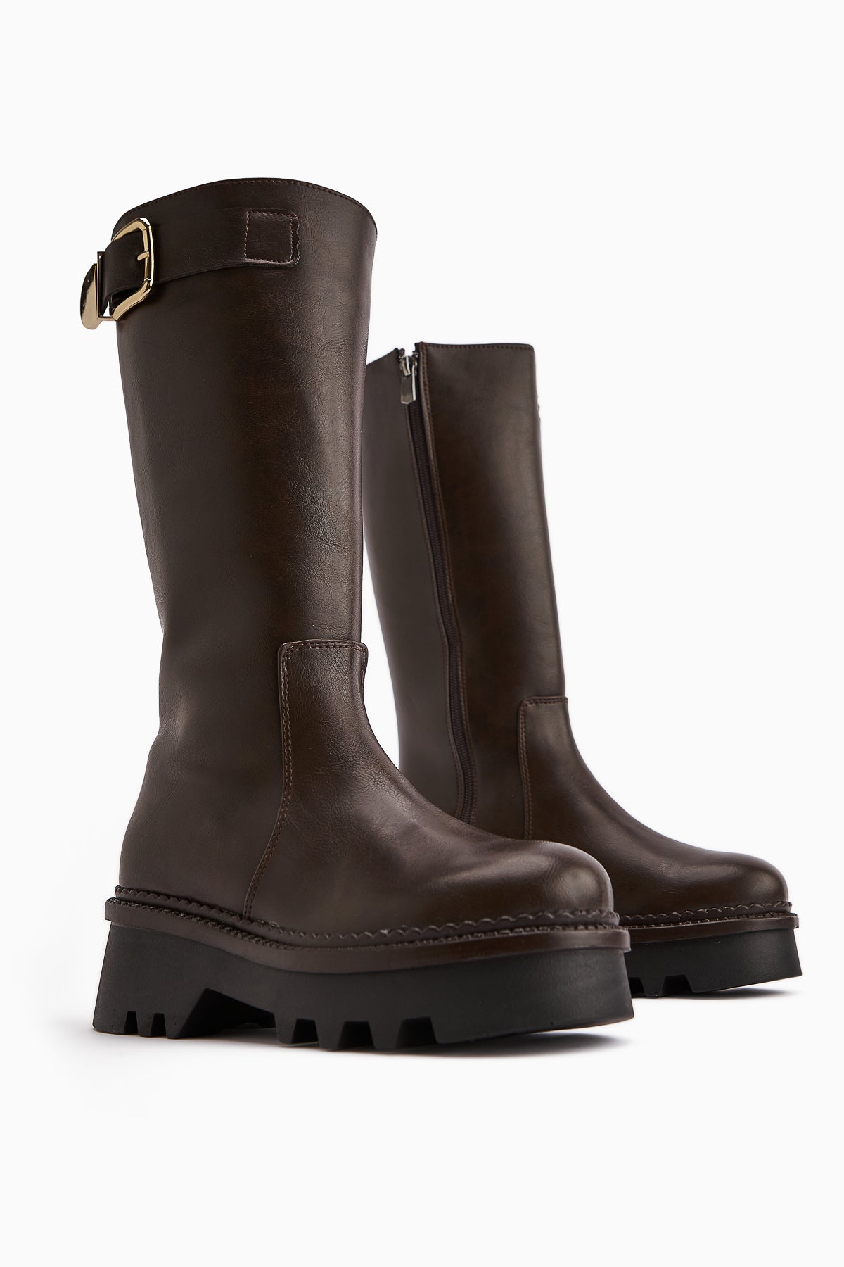 Hely – Brown Buckle-Detail Platform Knee-High Boot (Women)