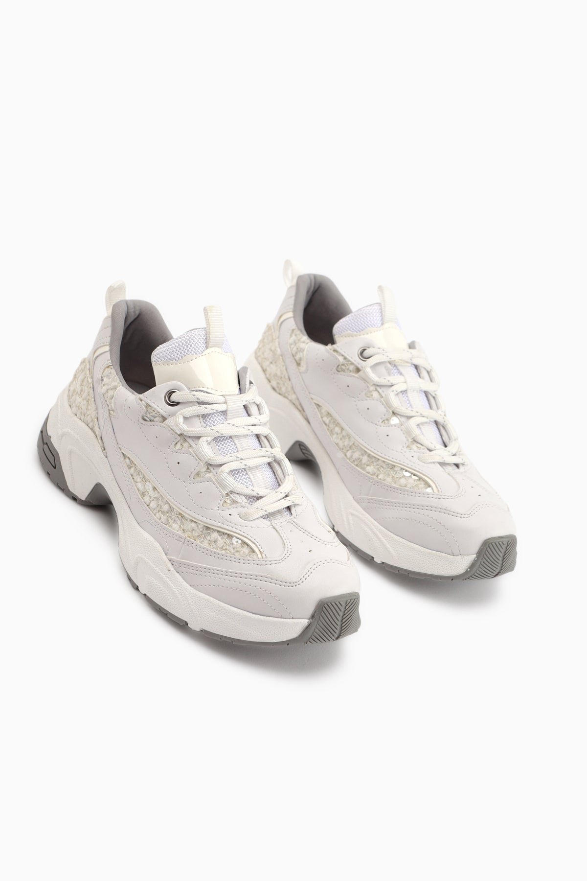 Rozhin White Sequined Thick Sole Women's Sport Shoes