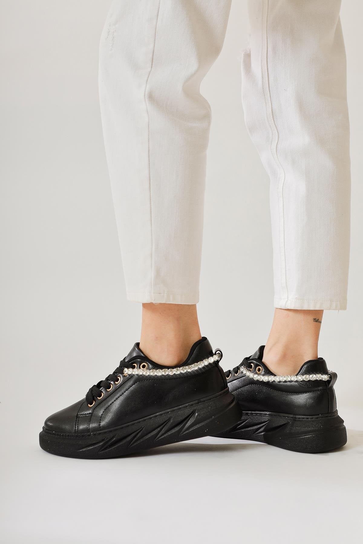 Simonne Black Diamond Stone Detailed Lace-Up Sneakers