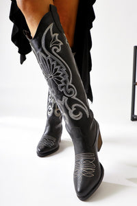 Dani – Black Embroidery-Detail Pointed-Toe Western Knee-High Boot (Women)