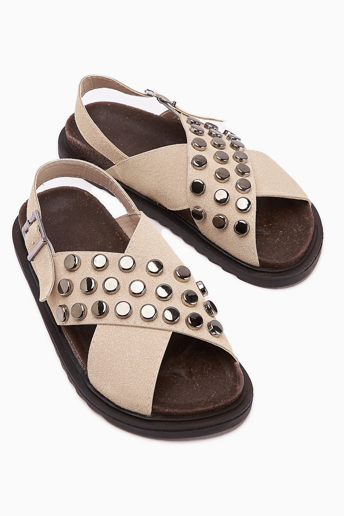 Lina Beige Studded Cross-Strap Women's Sandals