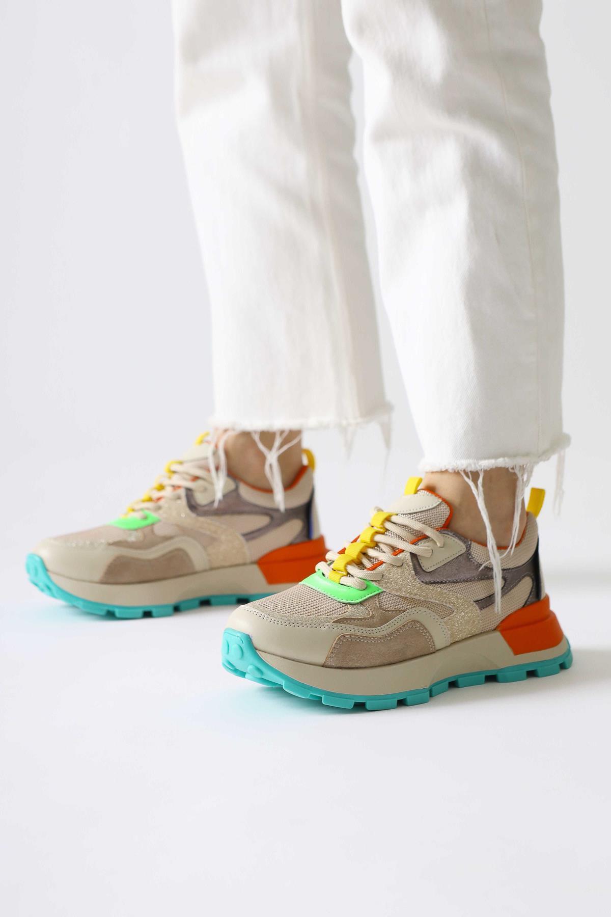 Netta Multi-Colored (Orange) Lace-Up Sneakers with Mesh Detail