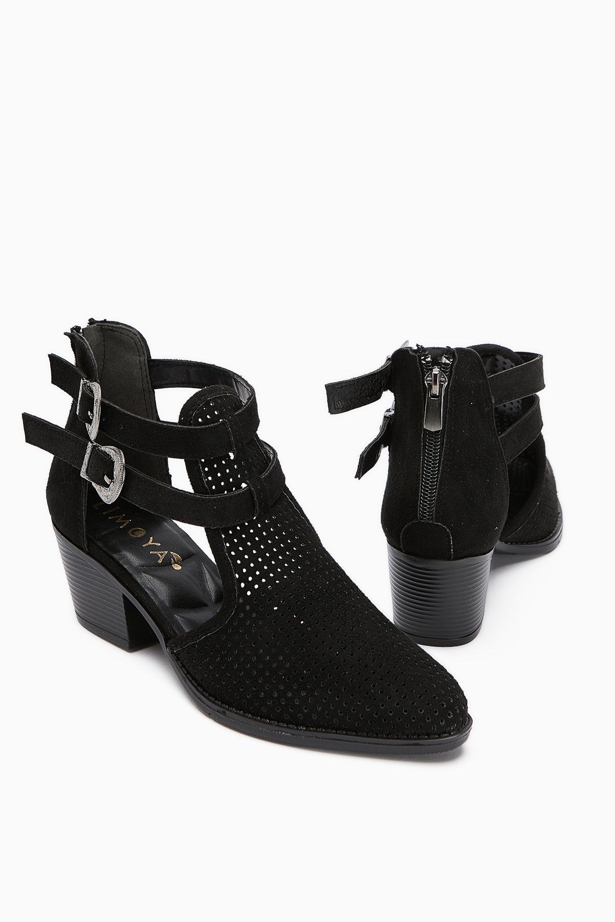 Carin Black Suede Women's Summer Boots with Buckle Detail and Back Zipper