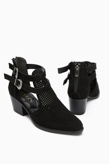 Carin Black Suede Women's Summer Boots with Buckle Detail and Back Zipper