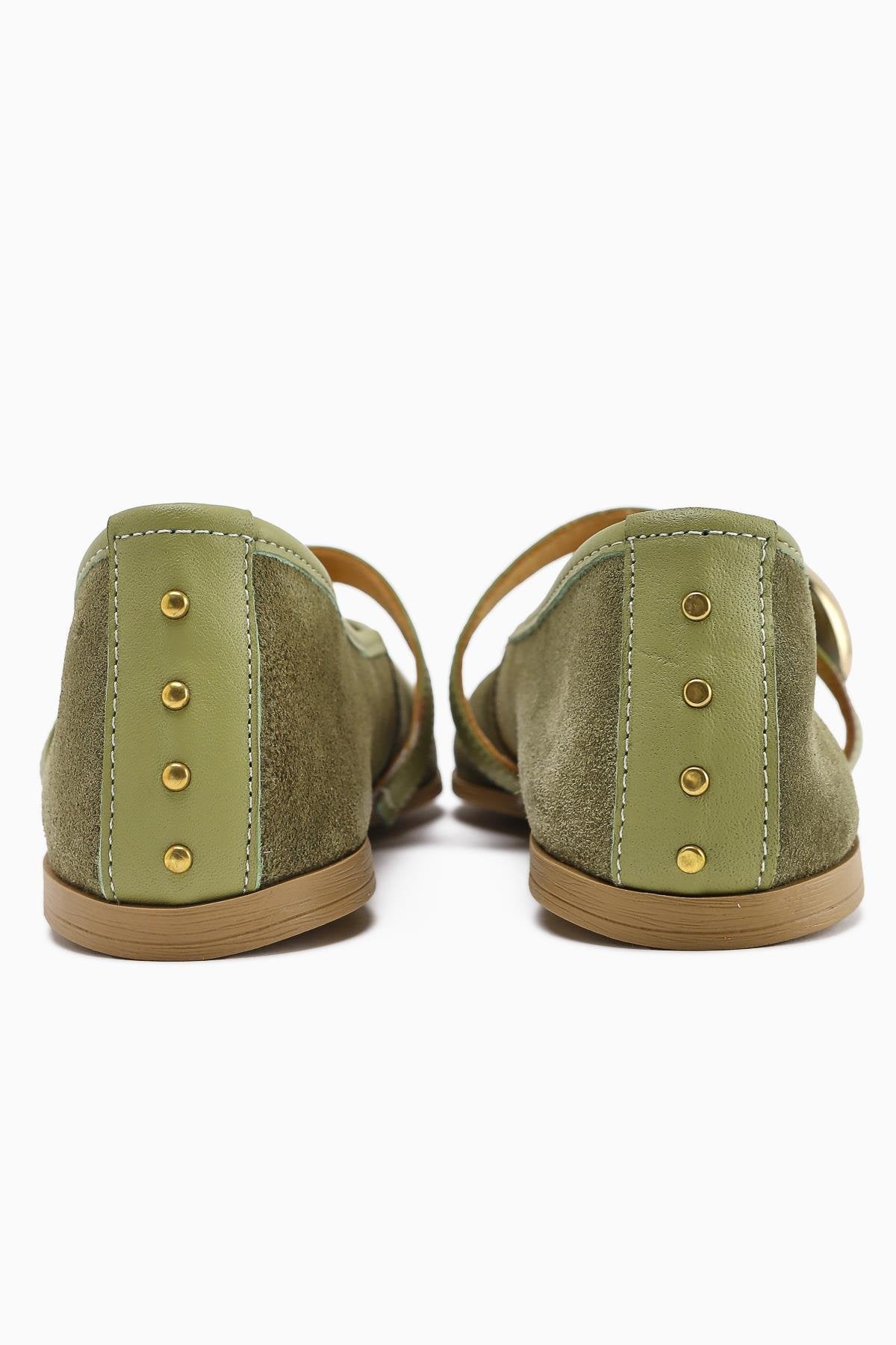 Aliana – Genuine Leather Olive Suede Buckle-Detail Ballet Flat (Women)