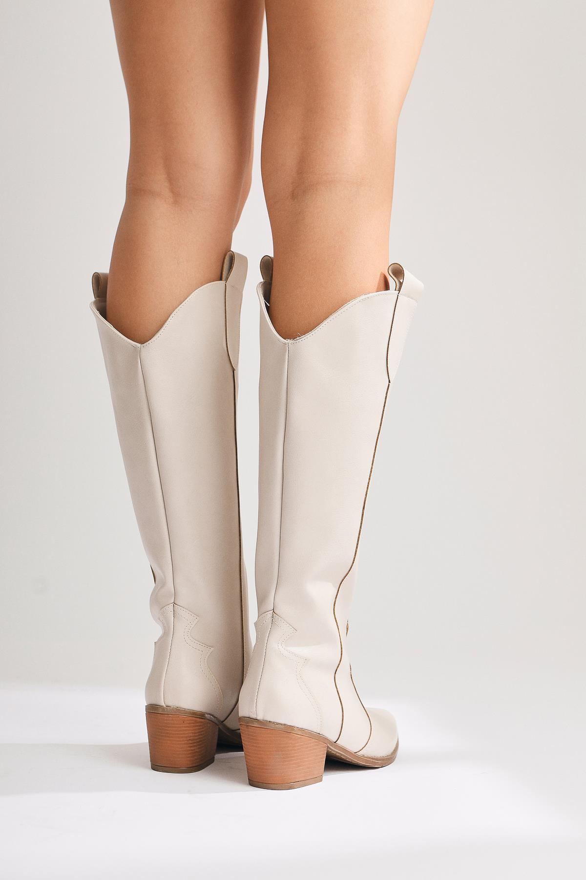 Lhena – Beige Western Pull-On Knee-High Boot