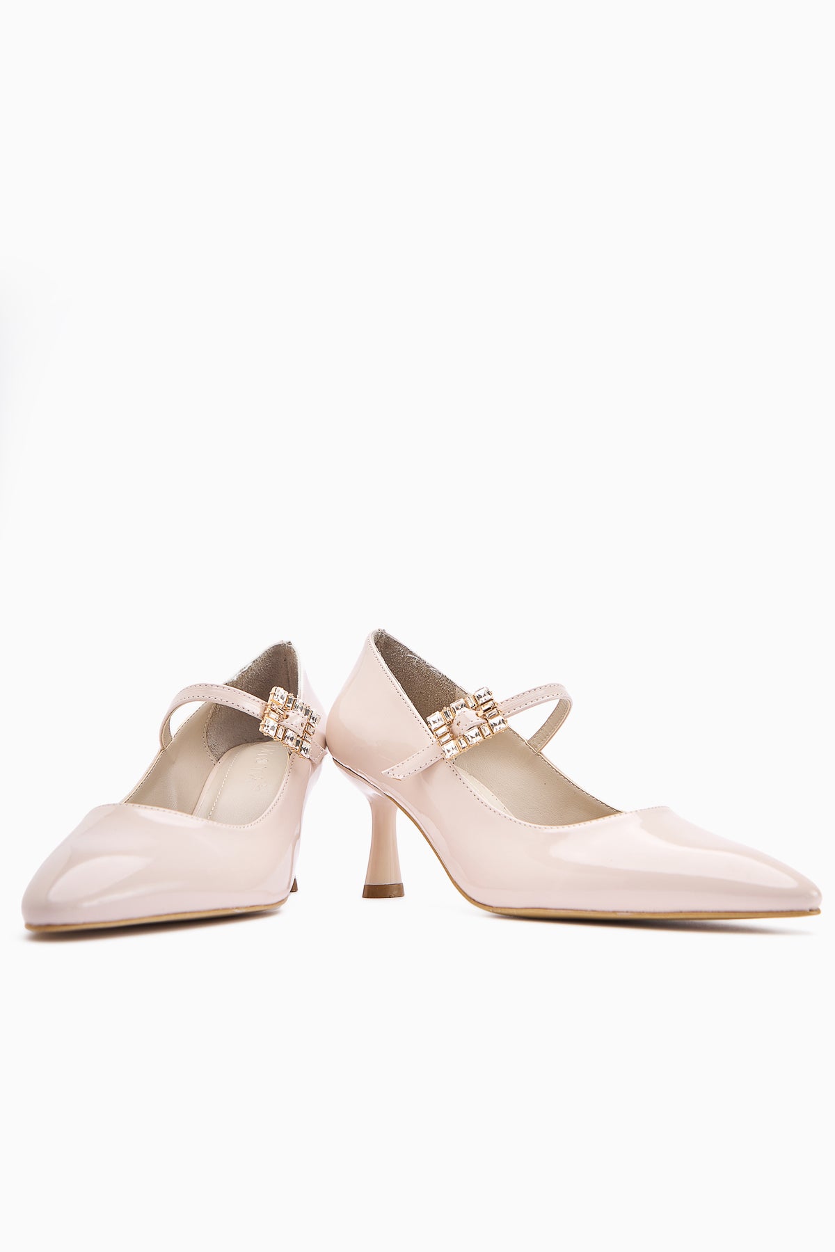 Maria Beige Patent Buckled Women’s Heeled Shoes