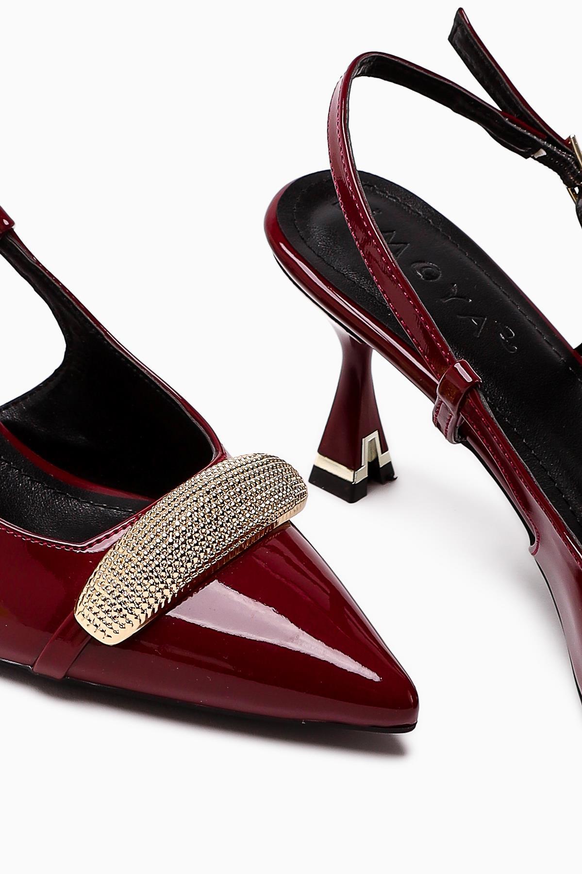 Seydi Burgundy Patent Buckled Closed Toe Women’s Heeled Shoes
