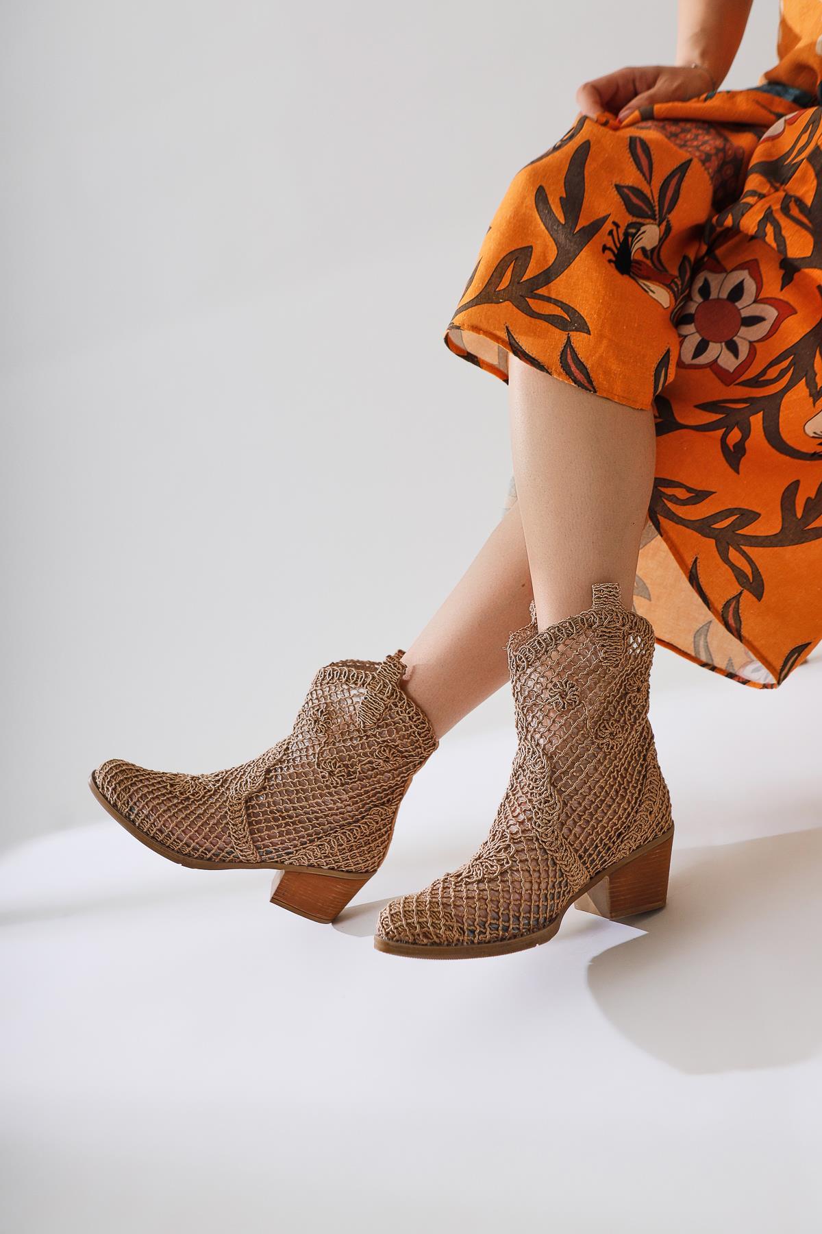 Tersa – Taupe Short-Shaft Woven Lace Floral-Detail Cowboy Summer Boot (Women)