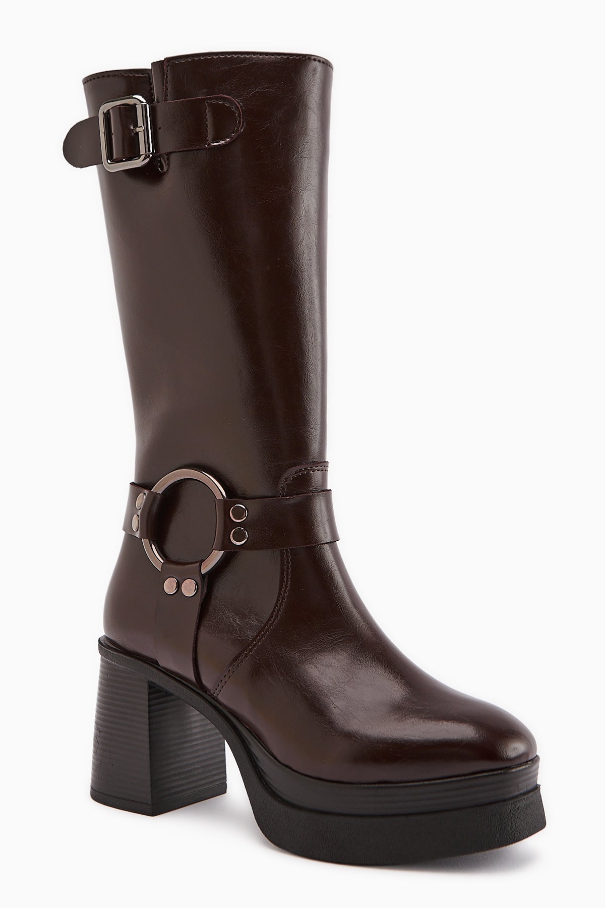 Beris – Burgundy Buckle-Detail Platform Heel Knee-High Boot (Women)