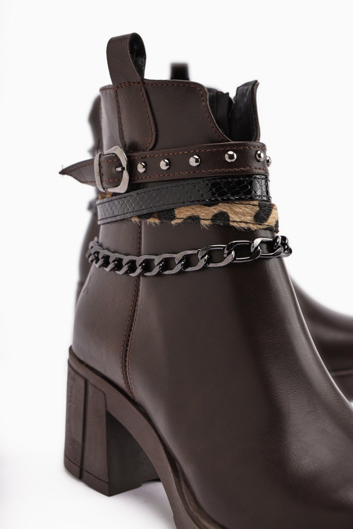 Anissa – Brown Chain-and-Belt-Detail Block Heel Boot (Women)