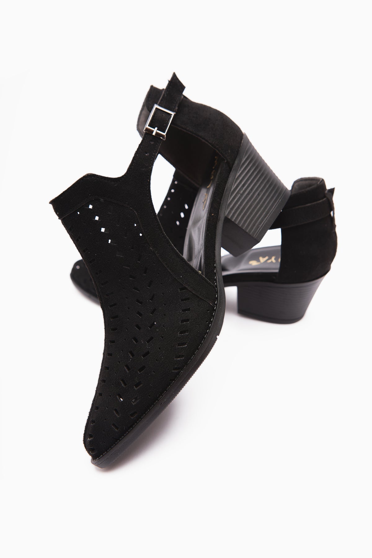 Julian Black Suede Perforated Chunky Heel Women's Western Summer Boot