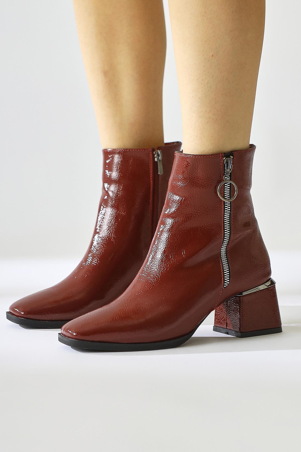 Deyana Burgundy Crinkled Patent Leather Boot with Zipper Accessory